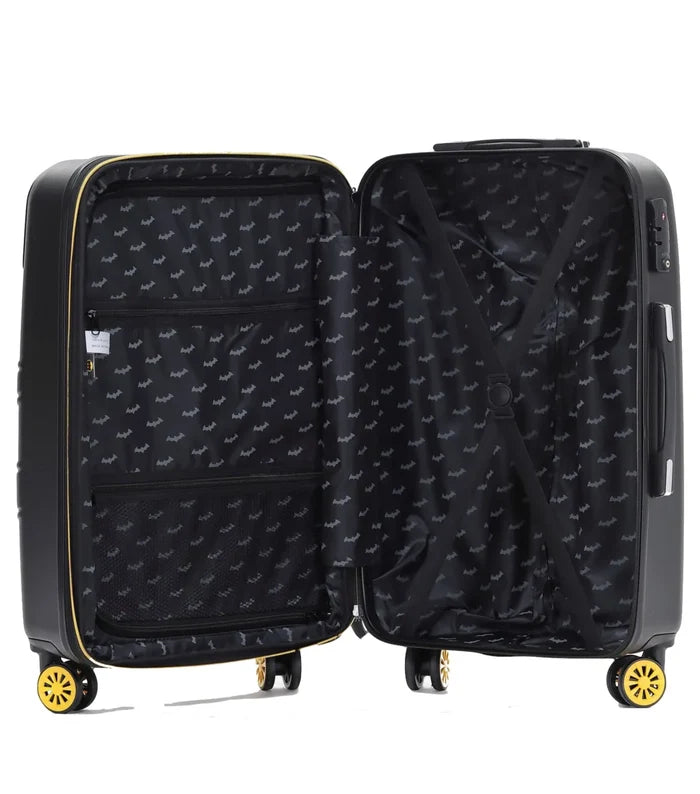 Black batman 61 cm medium 4-wheel suitcase with durable polycarbonate shell and interior bat pattern lining
