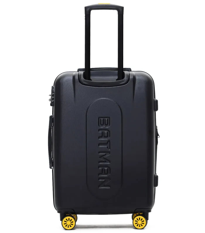 Black batman 61 cm medium 4-wheel suitcase with durable polycarbonate shell and yellow wheels for easy travel