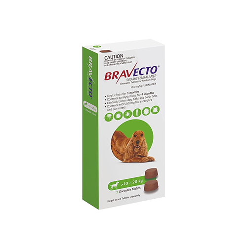 Bravecto 500mg Chewable Tablet for Medium Dogs (10 - 20 kg) – 1 Chew