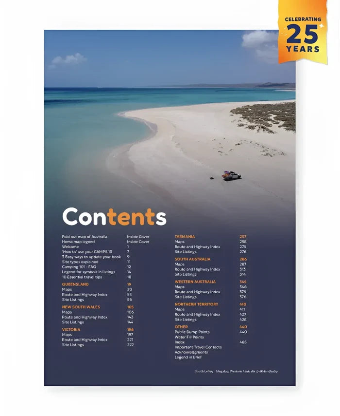 Travel guidebook camps australia wide 13 with aerial beach photo and contents page for australia wide camping 2026 edition