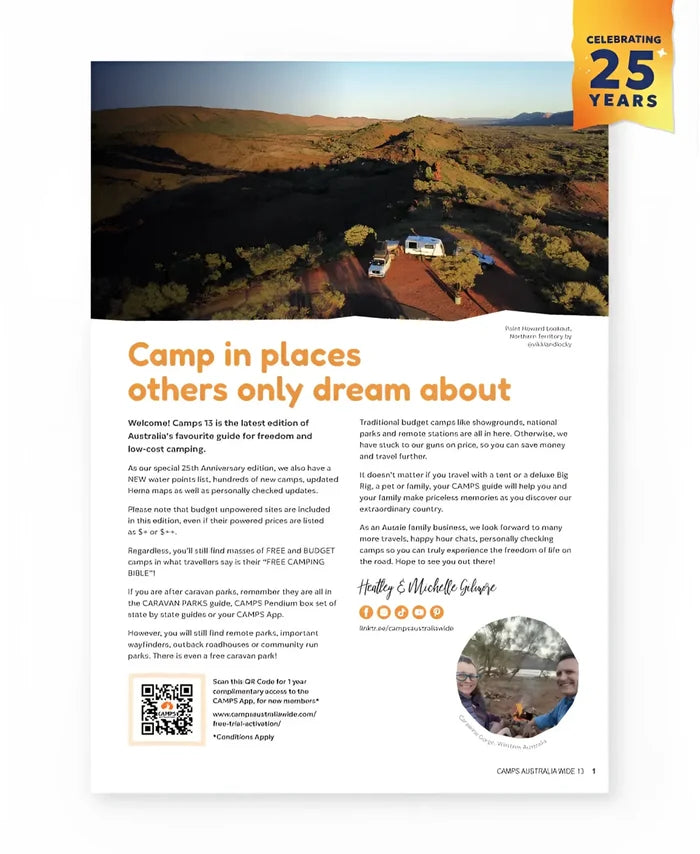 The camps australia wide 13 book a4 size 2026 edition flyer in orange and white showing australia wide camping options