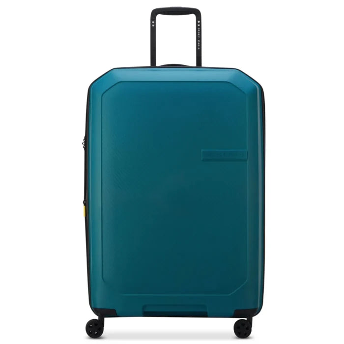 Teal delsey anvers 75 cm expandable suitcase with polypropylene shell packing straps and black wheels and handle