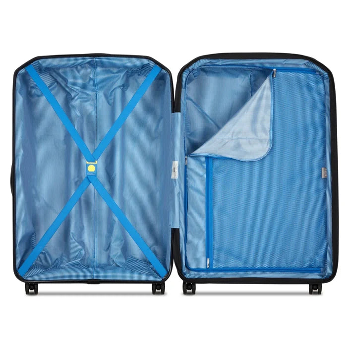 Delsey anvers 75 cm teal suitcase with polypropylene shell, blue striped interior, and bright blue packing straps