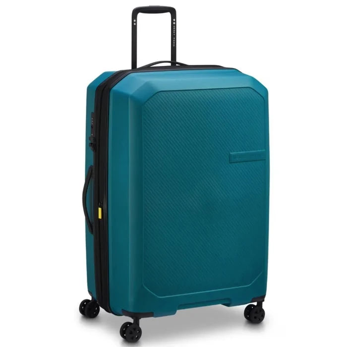 Teal delsey anvers 75 cm expandable suitcase with polypropylene shell, black wheels, handle, zipper trim, and packing straps