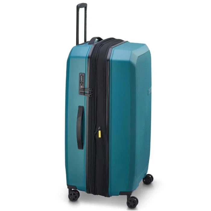 Teal delsey anvers 75 cm expandable suitcase with polypropylene shell packing straps and black handle wheels and zippers