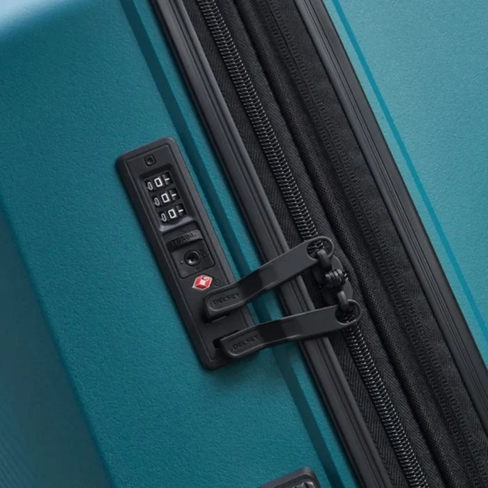 Teal delsey anvers 75 cm 4 wheel expandable suitcase with polypropylene shell black zipper and packing straps