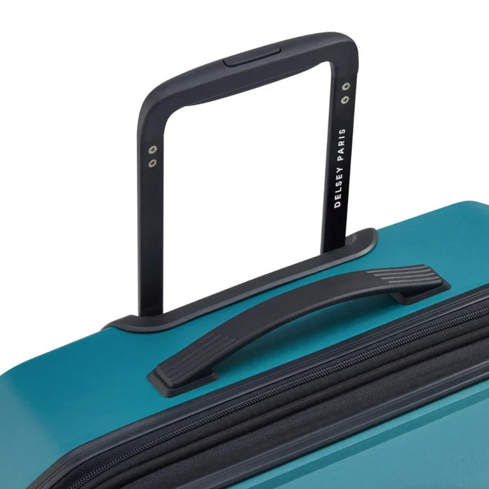 Teal delsey anvers 75 cm expandable suitcase with polypropylene shell, packing straps, and black retractable handle