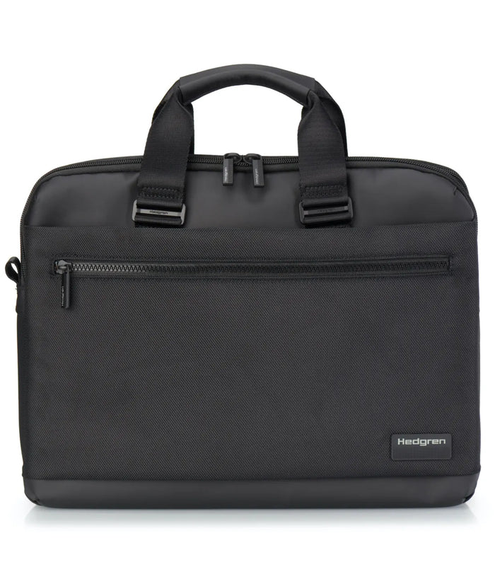Black textured hedgren byte laptop briefcase fits laptops up to 15.6 inch with reinforced handle and zippered front pocket