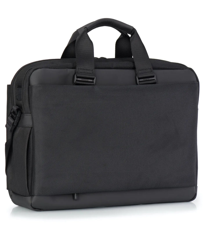 Black textured hedgren byte laptop briefcase with top handle side strap fits laptops up to 15.6 inches with rfid