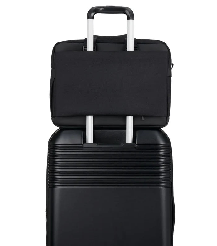 Black hedgren byte 15.6 laptop briefcase with textured surface fits laptops and attaches to matching black suitcase handle