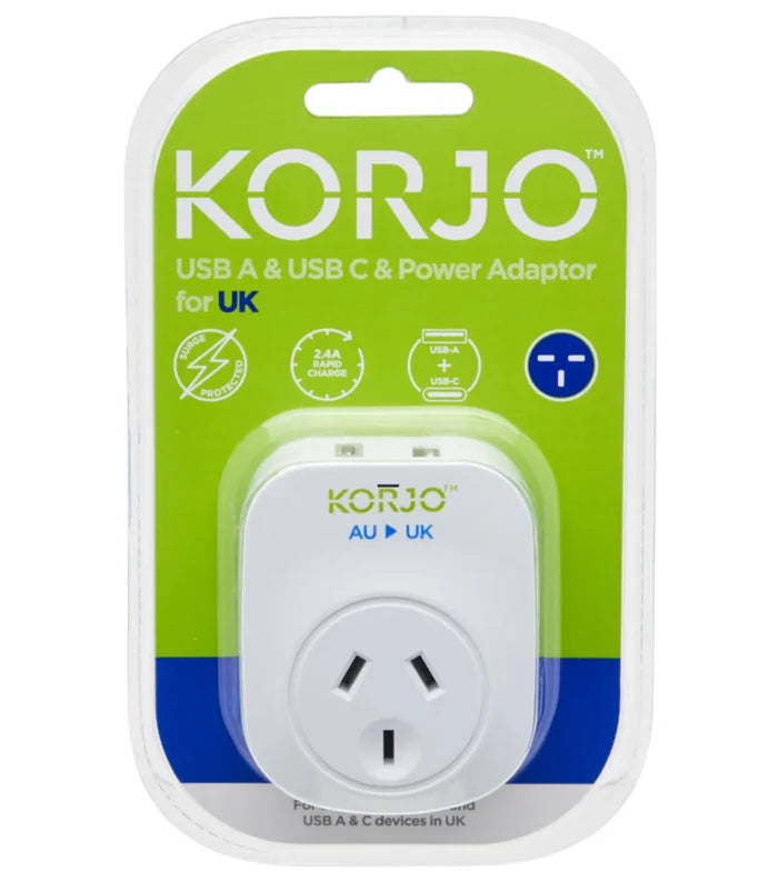 Korjo USB-C + A Charger - AUS/NZ Socket to UK Plug - Power Adaptor
