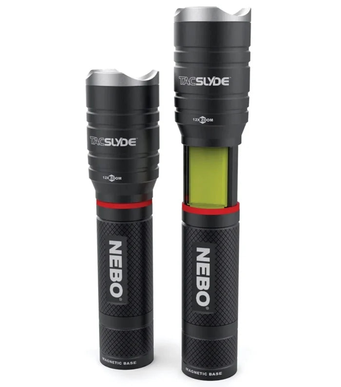 The Tac Slyde™ features a 300 lumen flashlight with 12x adjustable zoom and 5 light modes