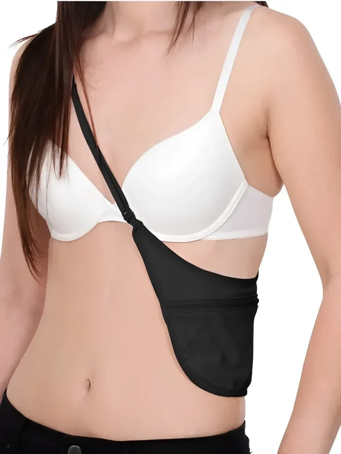 This innovative holster style design rests effortlessly on a woman's body and is large enough to fit an airline ticket, passport, cash and coins