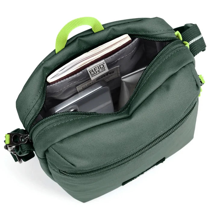 Pacsafe go anti-theft festival crossbody bag in spruce green canvas with lime accents and rfid blocking dock lock feature