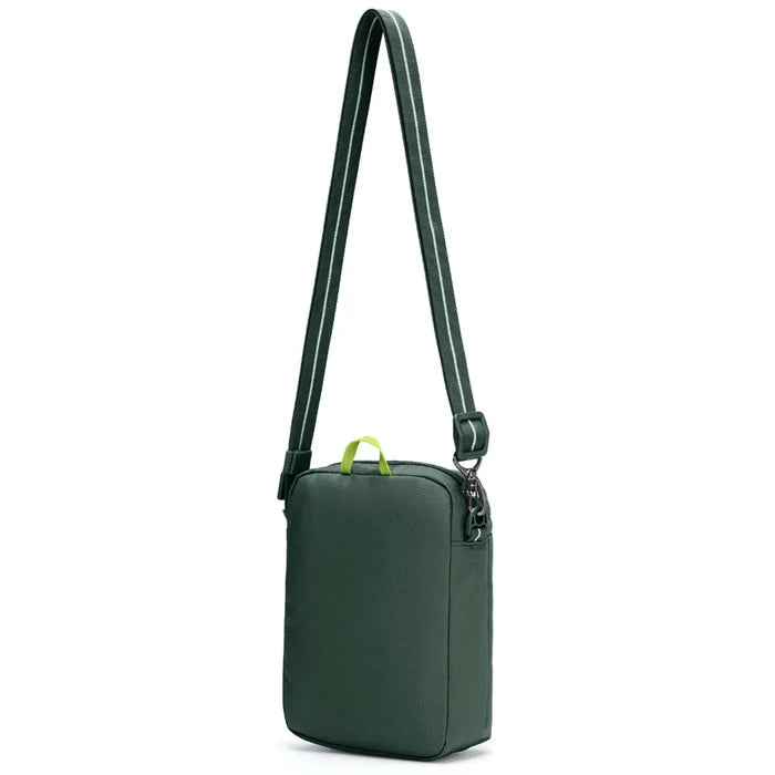 Pacsafe go festival crossbody bag in spruce green with adjustable strap zipper closure and anti-theft dock lock features