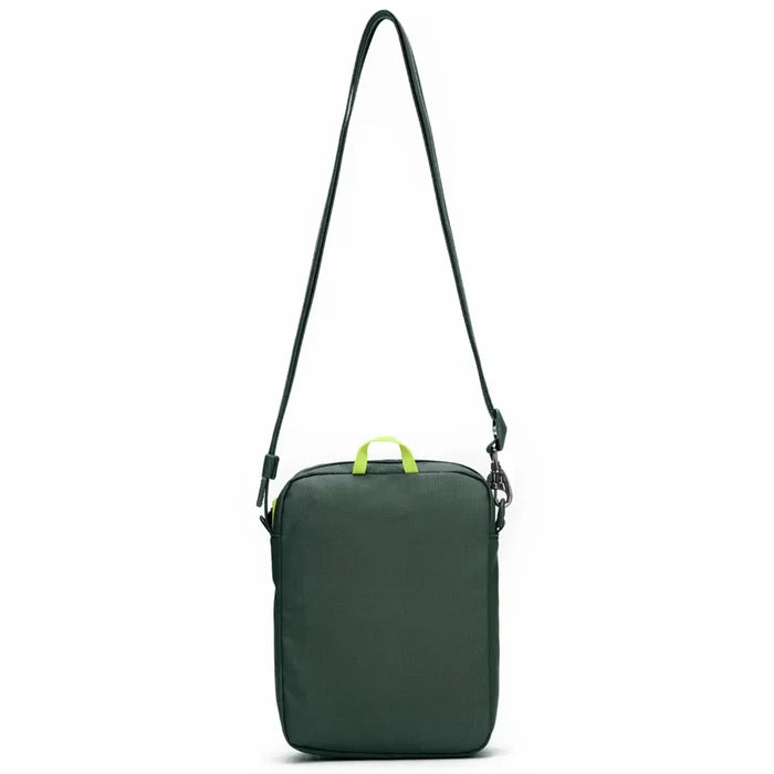 Spruce green pacsafe go festival crossbody bag with black strap yellow accents and dock lock for anti-theft use