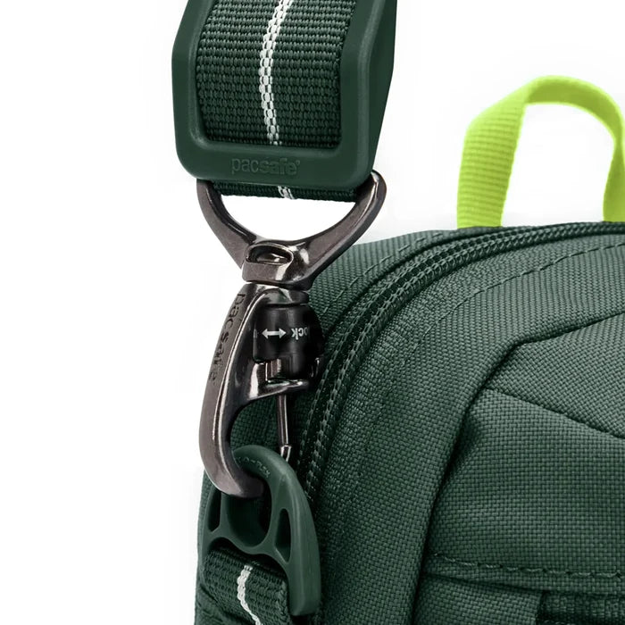 Pacsafe go anti-theft festival crossbody bag in spruce green with adjustable strap zipper closure and dock lock security