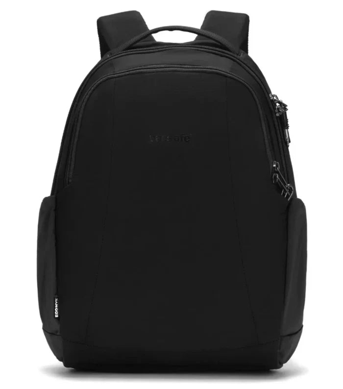 Black Pacsafe Metrosafe LS350 laptop backpack made with econyl regenerated nylon and a sleek minimalist design