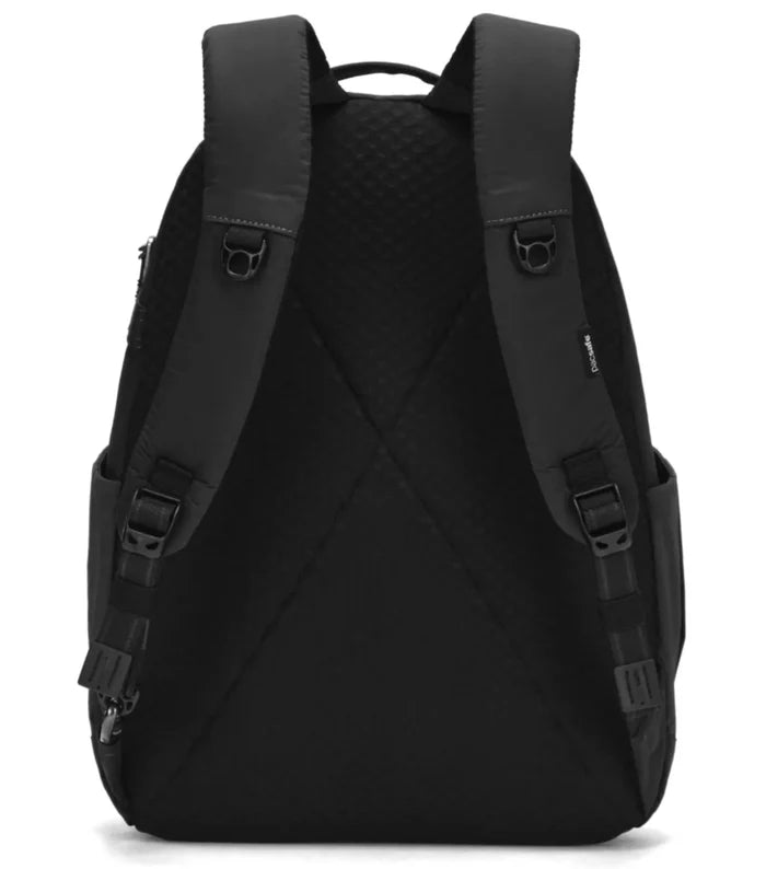 Black delsey laptop backpack made of econyl regenerated nylon with padded straps and textured back panel shown from back