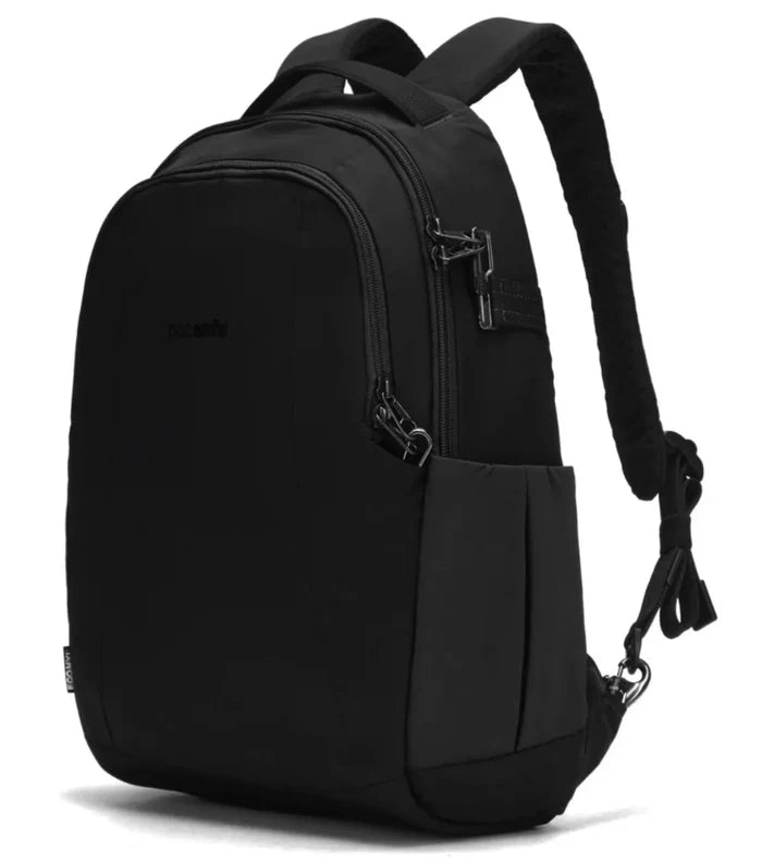 Black pacsafe metrosafe ls350 laptop backpack made of regenerated nylon with reinforced zippers and padded straps