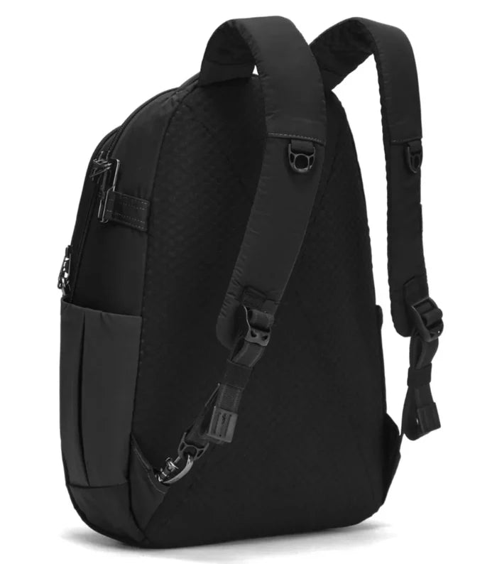 Black Pacsafe Metrosafe LS350 laptop backpack made of regenerated nylon with adjustable straps and multiple zippered compartments