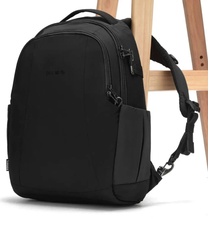 Black Pacsafe Metrosafe LS350 laptop backpack made from durable econyl regenerated nylon with multiple zippers and sleek design