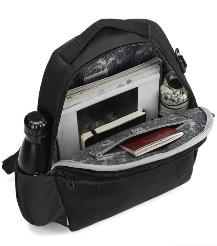Black Pacsafe Metrosafe LS350 laptop backpack made of econyl regenerated nylon with gray patterned interior and multiple compartments