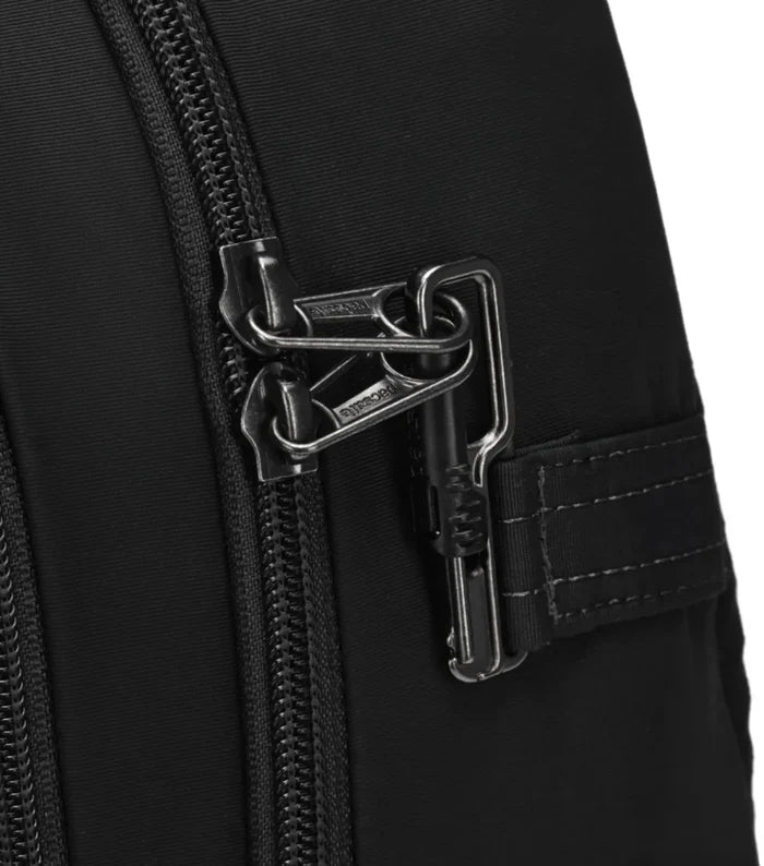 Black Pacsafe Metrosafe LS350 laptop backpack made from econyl regenerated nylon with sleek metallic zipper pull