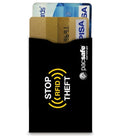 Black pacsafe rfid blocking card holder with yellow stop rfid theft logo holding credit cards for secure protection