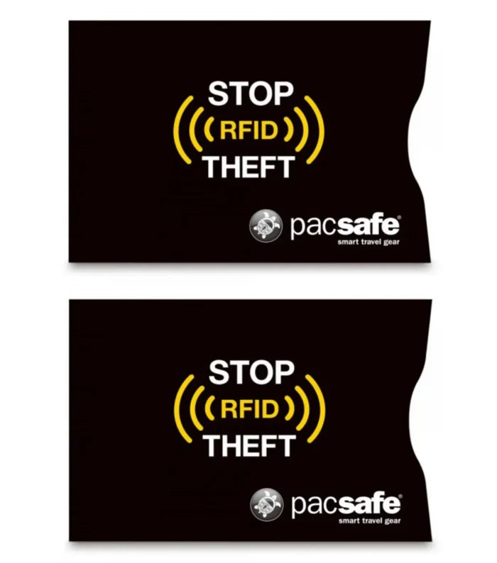 Black pacsafe rfid blocking card sleeve with yellow stop rfid theft text protects credit cards from skimming