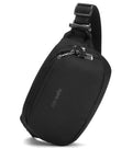 Pacsafe v anti-theft hip pack in jet black with sleek compact design made from durable post-consumer recycled polyester