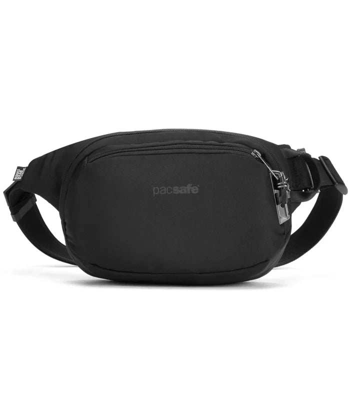 Black pacsafe v anti-theft hip pack with sleek durable recycled polyester body and silver-toned zippers