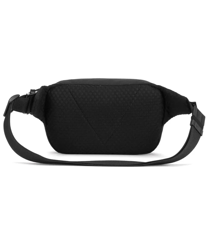 Black nylon pacsafe v anti-theft hip pack with sleek minimalist design and adjustable strap made from post-consumer recycled polyester