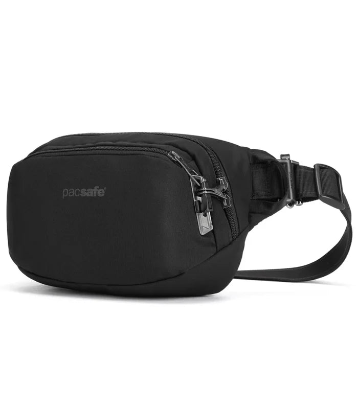 Pacsafe v anti-theft hip pack in jet black with multiple zippers and adjustable strap made from post-consumer recycled polyester