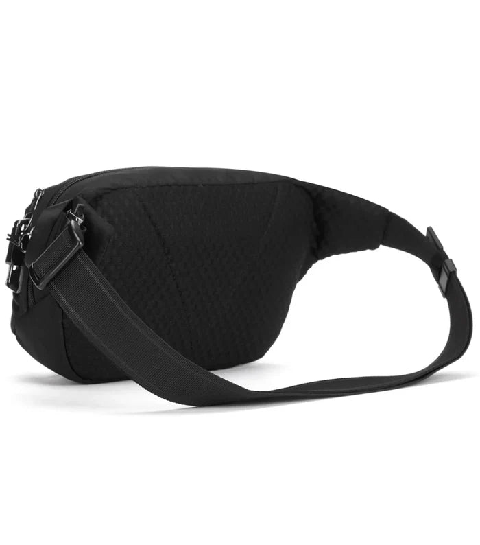 Black nylon waist bag pacsafe v anti-theft hip pack in jet black made with post-consumer recycled polyester