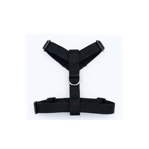 A black nylon pet harness with plastic quick-release buckles and a silver metal D-ring, shown flat on a white background.