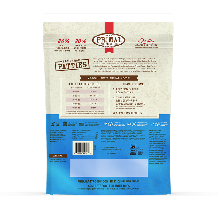Primal Pet Foods Frozen Raw Patties Dog Food Duck Recipe