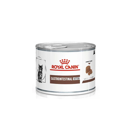 A can of Royal Canin Gastrointestinal Kitten wet cat food, featuring a white label with red branding and a kitten illustration, set against a plain white background.