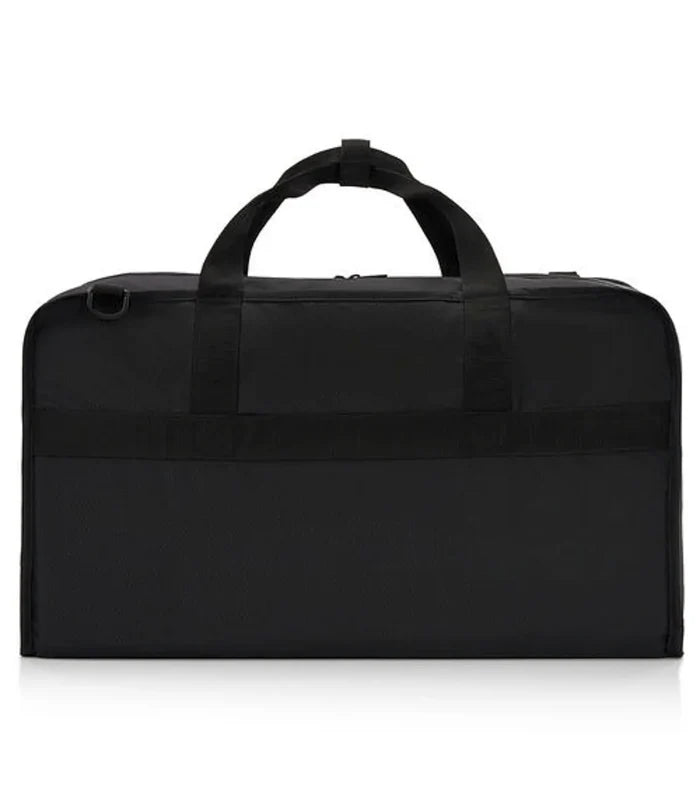 Back panel featuring a luggage band, ready to slide over the handle of rolling luggage