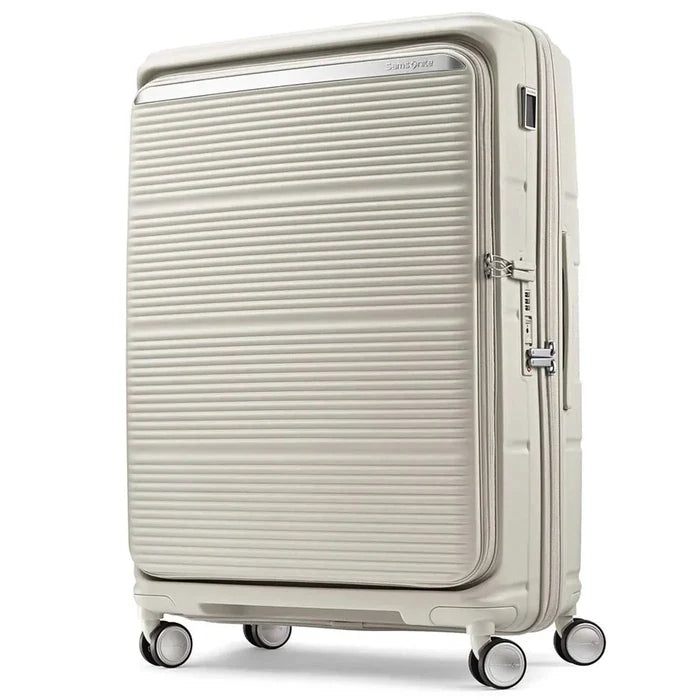 Cream-colored samsonite paralux 75 cm expandable suitcase with spinner wheels and removable packing cubes stone grey