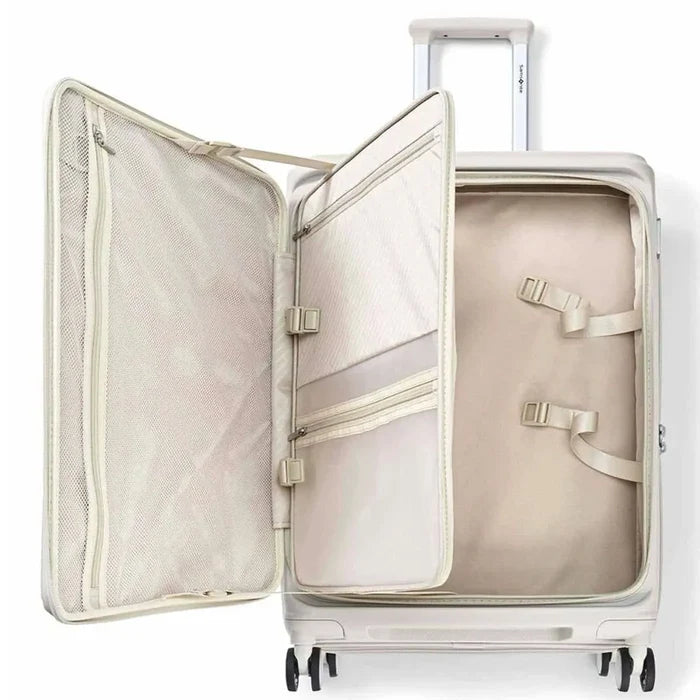 Samsonite paralux 20-inch beige spinner suitcase with mesh pockets and adjustable straps for removable packing cubes