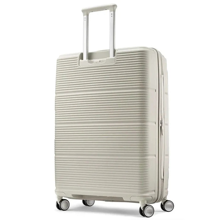 Samsonite Paralux 75 cm expandable front opening hard case suitcase in stone grey with telescoping handle and removable packing cubes