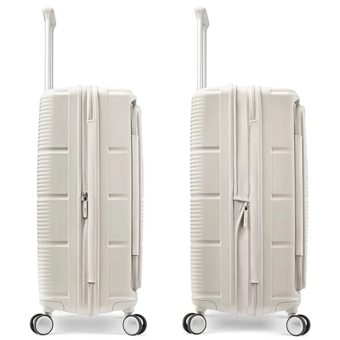 Samsonite paralux stone grey 75 cm hardshell suitcase with spinner wheels and removable packing cubes for easy organization