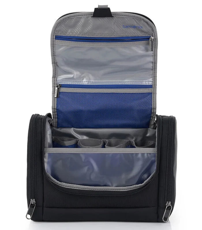 Samsonite travel 73h toiletry kit in black and blue with clear pockets and zipper closure for easy organization