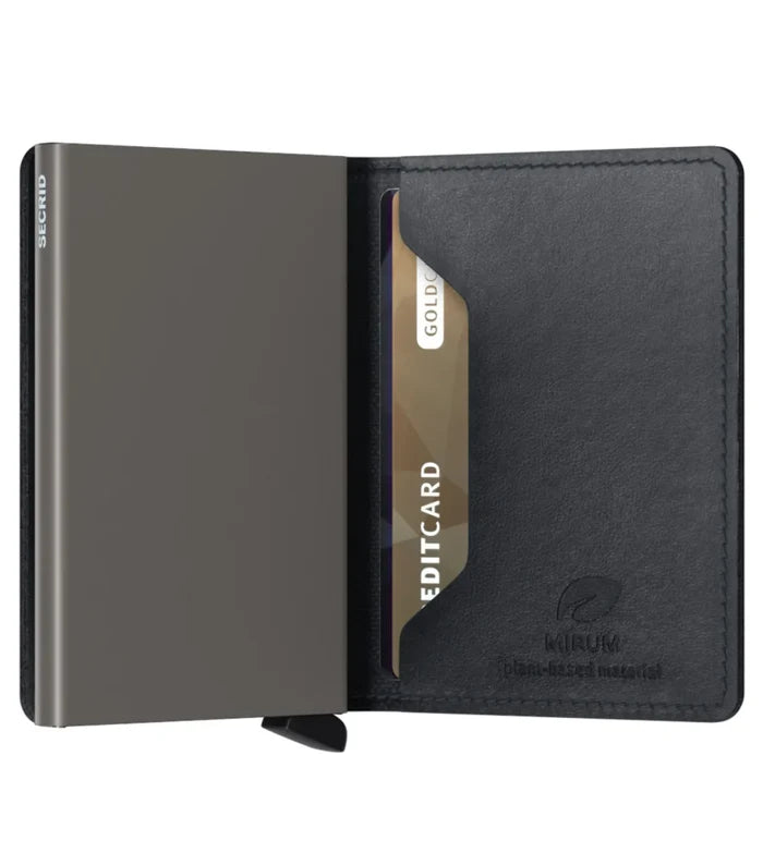 Sleeves inside can hold business cards and receipts
