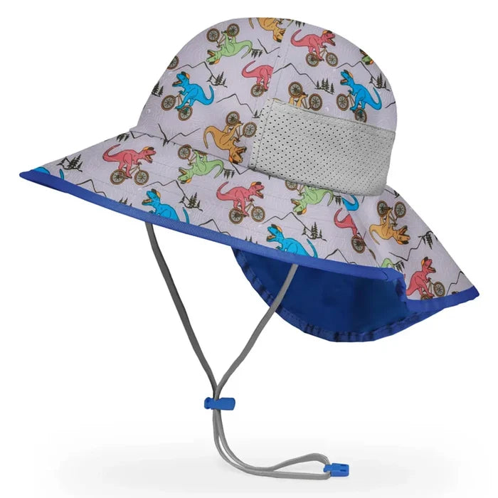 Sunday afternoons kids play hat dino biker features light gray fabric with colorful dinosaur bike prints and blue trim