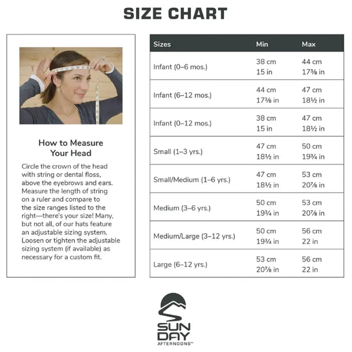 Sunday afternoons kids play hat size chart showing measurement guidelines in cm and inches for dino biker play hat
