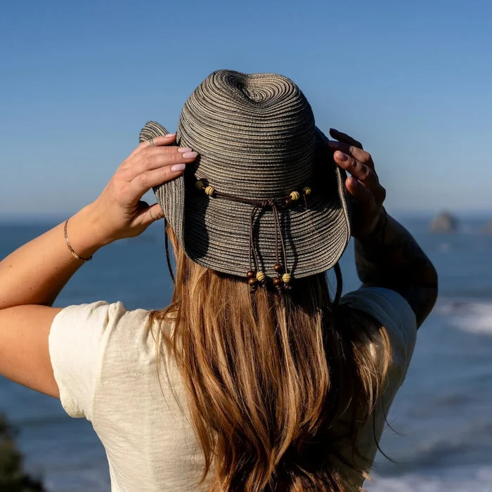 A woman wearing a Sunday Afternoons Sunset Hat, seen from behind