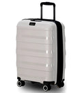 A sleek white tosca comet 55 cm hard-shell carry-on suitcase with black trim and easy grip telescoping handle