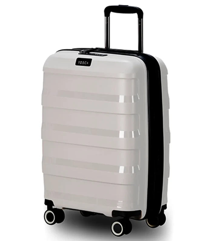 A sleek white tosca comet 55 cm hard-shell carry-on suitcase with black trim and easy grip telescoping handle